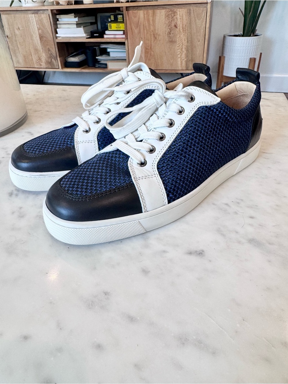 Christian Louboutin Navy, Black & White Low-Top Woven Sneakers